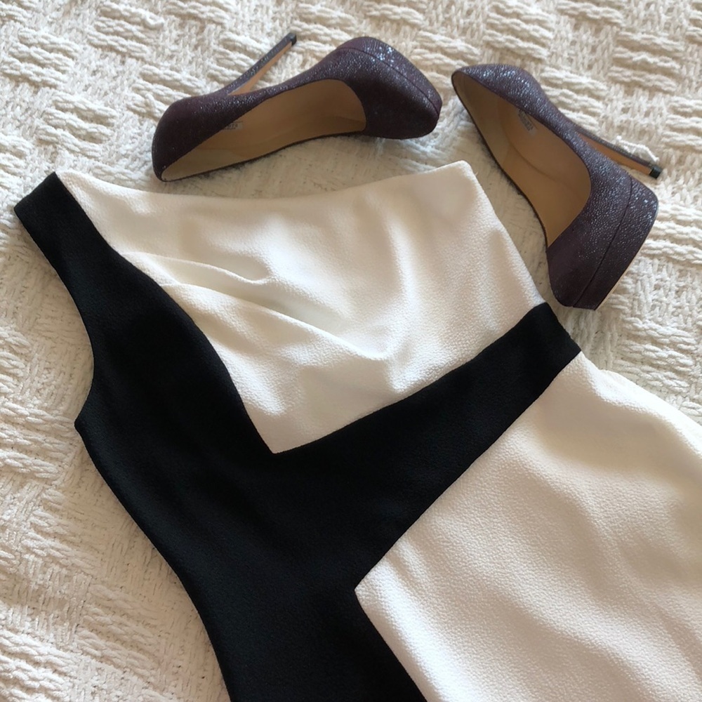 David Meister Black & White One Shoulder Dress 8